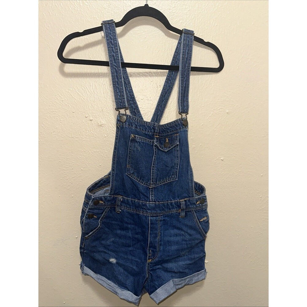 Bershka Denim Overalls Shorts XS Dark Wash Distressed Casual‎